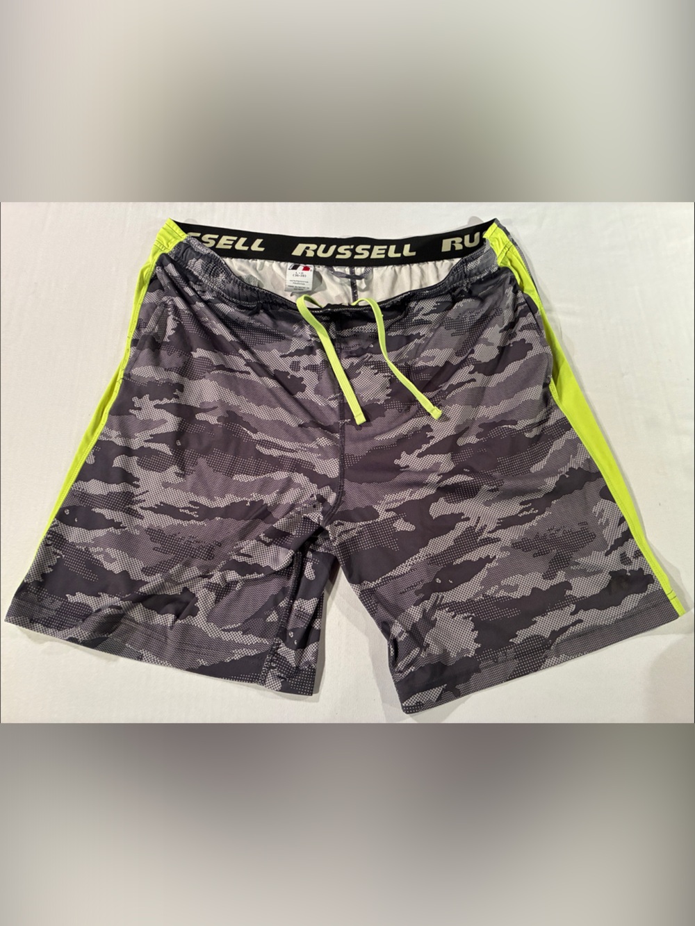 Russell Athletic Gray Camo Shorts with Neon Yellow Trim